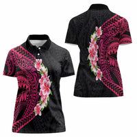 Hawaiian Tropical Plumeria Art Polynesian Tattoo Women Polo Shirt Black and Bright Pink Color