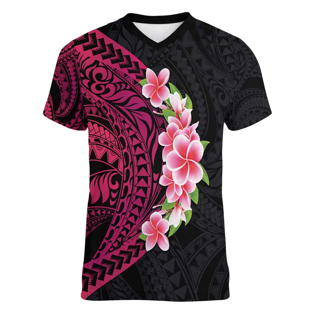 Hawaiian Tropical Plumeria Art Polynesian Tattoo Women V-Neck T-Shirt Black and Bright Pink Color LT03 Female Pink - Polynesian Pride