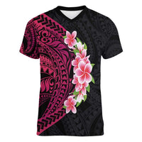 Hawaiian Tropical Plumeria Art Polynesian Tattoo Women V-Neck T-Shirt Black and Bright Pink Color LT03 Female Pink - Polynesian Pride