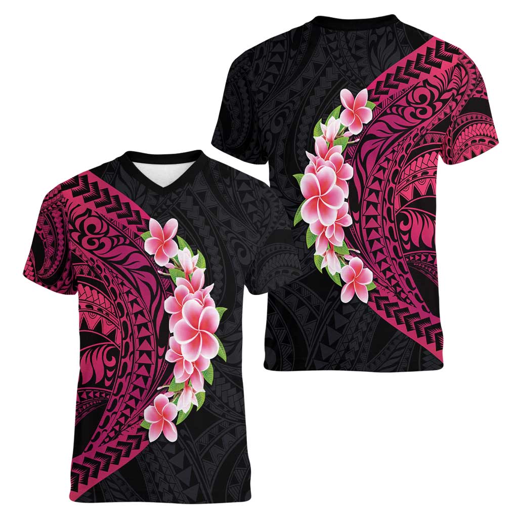 Hawaiian Tropical Plumeria Art Polynesian Tattoo Women V-Neck T-Shirt Black and Bright Pink Color LT03 - Polynesian Pride
