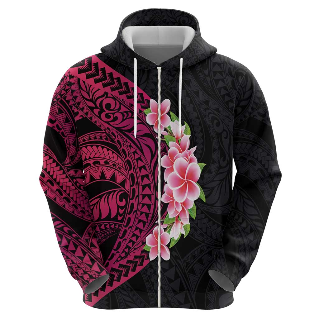 Hawaiian Tropical Plumeria Art Polynesian Tattoo Zip Hoodie Black and Bright Pink Color