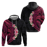 Hawaiian Tropical Plumeria Art Polynesian Tattoo Zip Hoodie Black and Bright Pink Color
