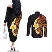 Hawaiian Tropical Plumeria Art Polynesian Tattoo Couples Matching Off The Shoulder Long Sleeve Dress and Long Sleeve Button Shirt Black and Autumn Color Theme
