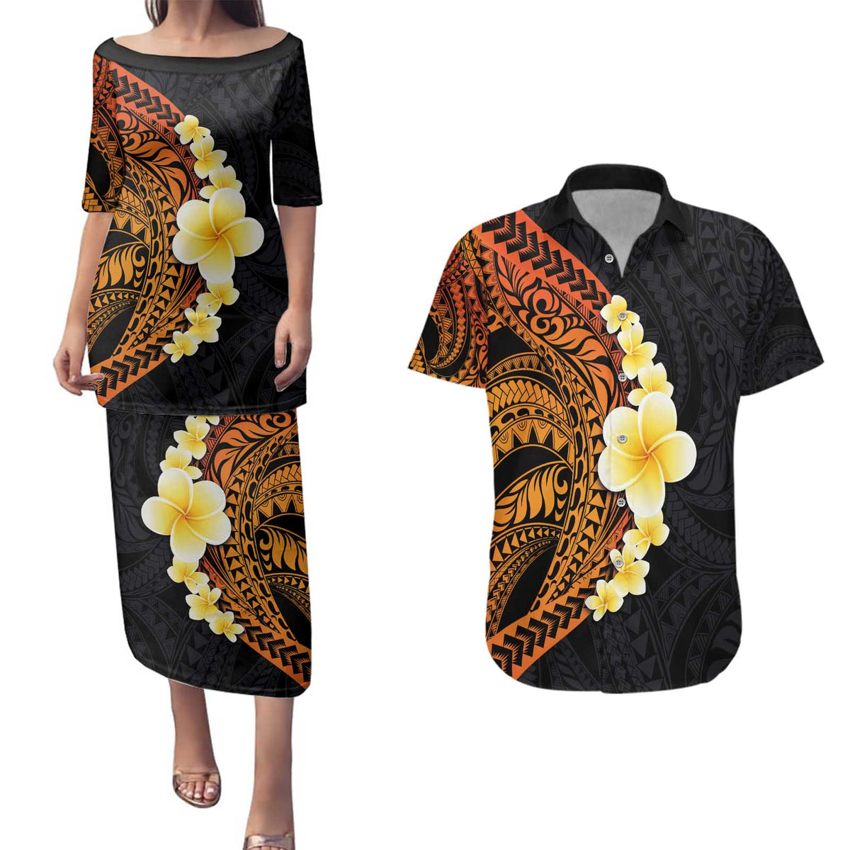 Hawaiian Tropical Plumeria Art Polynesian Tattoo Couples Matching Puletasi and Hawaiian Shirt Black and Autumn Color Theme LT03 Orange - Polynesian Pride