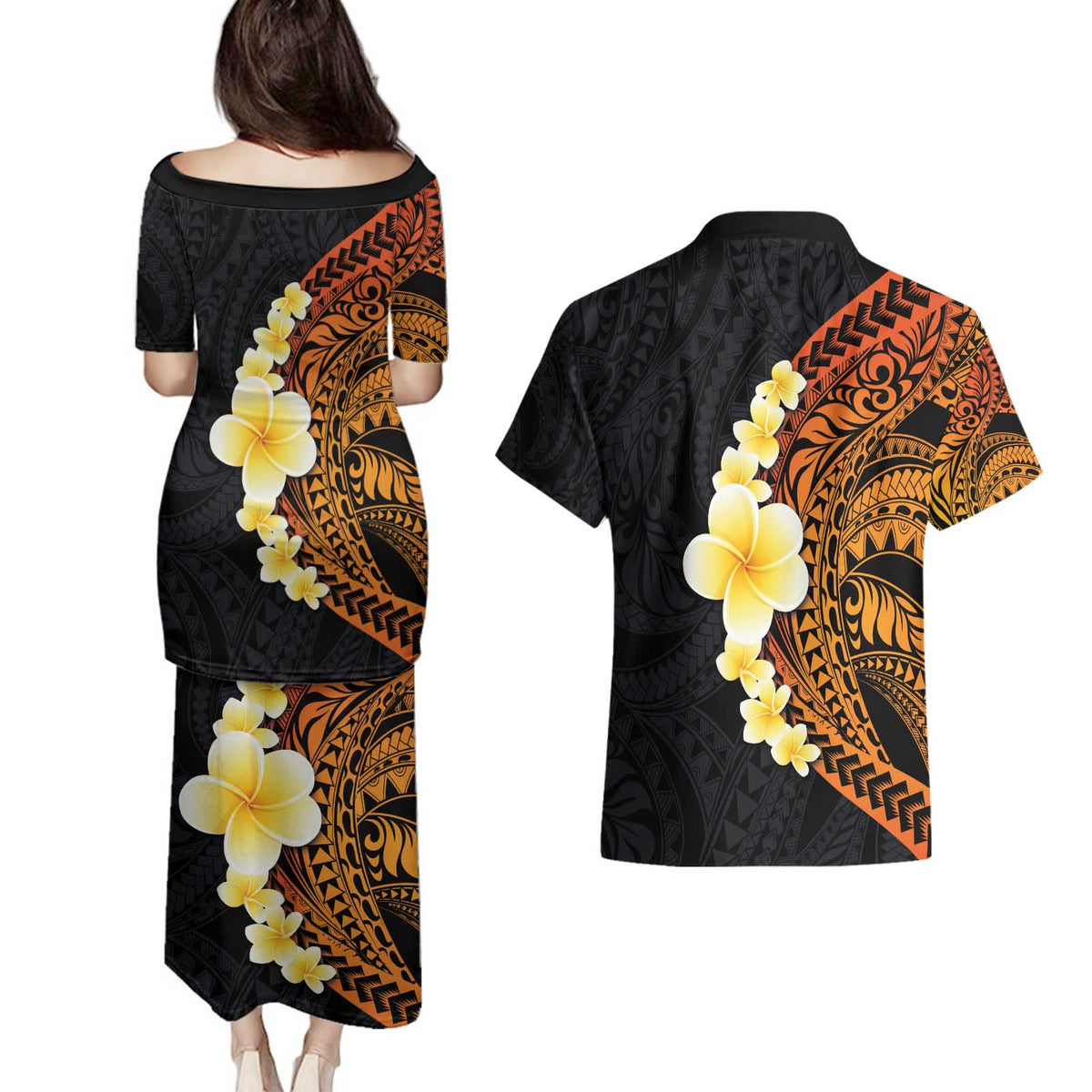 Hawaiian Tropical Plumeria Art Polynesian Tattoo Couples Matching Puletasi and Hawaiian Shirt Black and Autumn Color Theme LT03 - Polynesian Pride