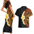 Hawaiian Tropical Plumeria Art Polynesian Tattoo Couples Matching Short Sleeve Bodycon Dress and Hawaiian Shirt Black and Autumn Color Theme