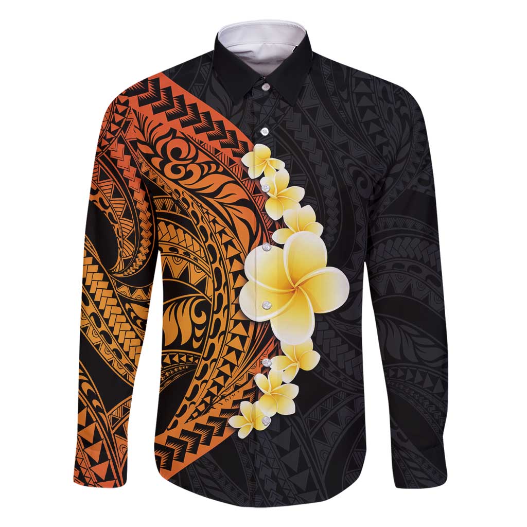 Hawaiian Tropical Plumeria Art Polynesian Tattoo Family Matching Long Sleeve Bodycon Dress and Hawaiian Shirt Black and Autumn Color Theme LT03 Dad's Shirt - Long Sleeve Orange - Polynesian Pride