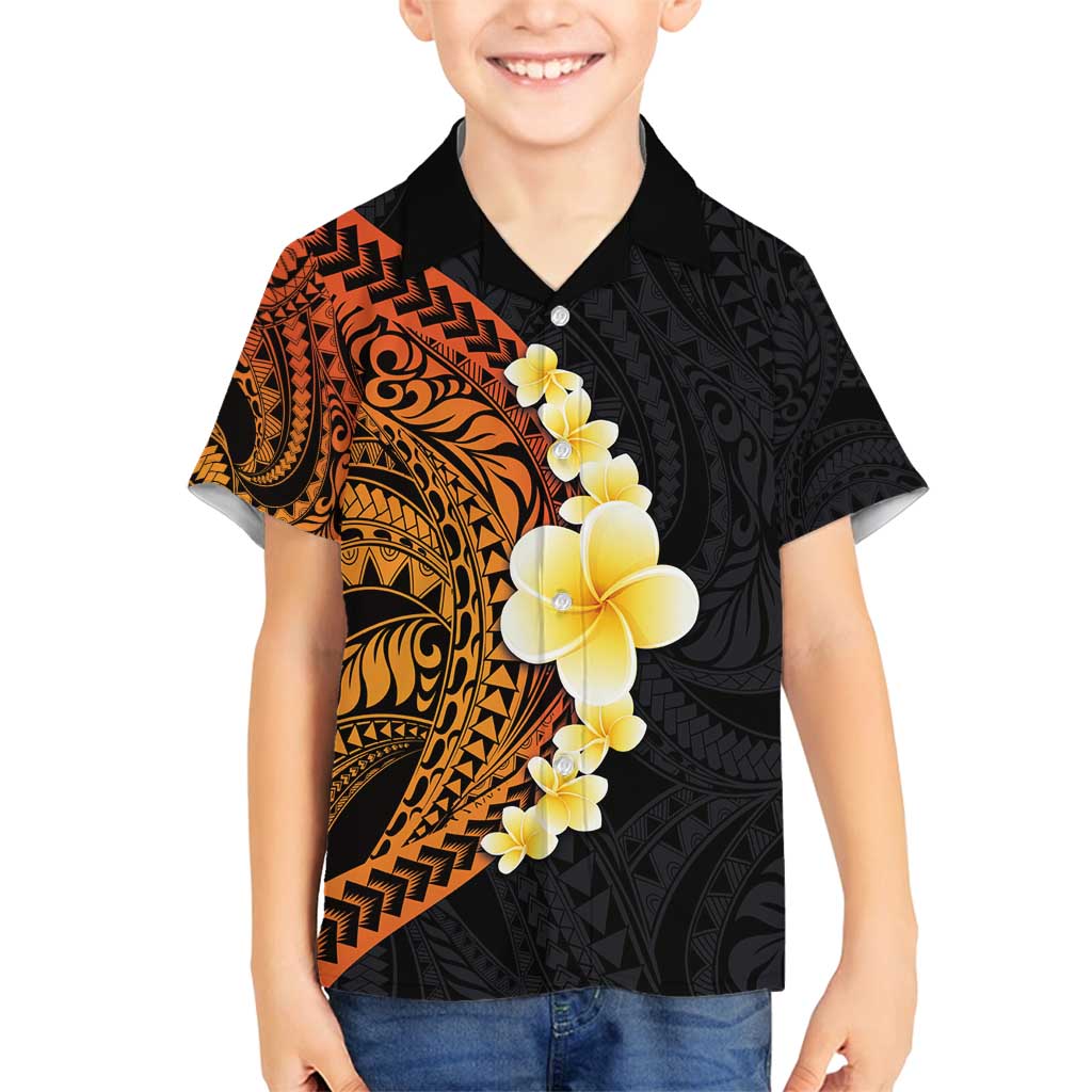 Hawaiian Tropical Plumeria Art Polynesian Tattoo Family Matching Long Sleeve Bodycon Dress and Hawaiian Shirt Black and Autumn Color Theme LT03 Son's Shirt Orange - Polynesian Pride