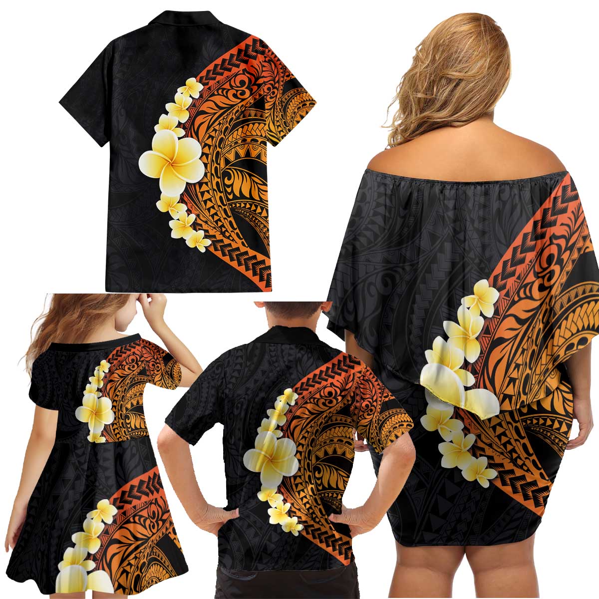 Hawaiian Tropical Plumeria Art Polynesian Tattoo Family Matching Off Shoulder Short Dress and Hawaiian Shirt Black and Autumn Color Theme