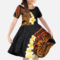 Hawaiian Tropical Plumeria Art Polynesian Tattoo Family Matching Puletasi and Hawaiian Shirt Black and Autumn Color Theme LT03 Daughter's Dress Orange - Polynesian Pride