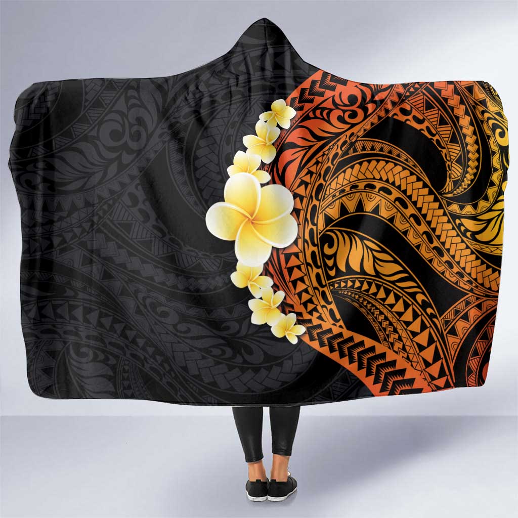 Hawaiian Tropical Plumeria Art Polynesian Tattoo Hooded Blanket Black and Autumn Color Theme LT03 One Size Orange - Polynesian Pride