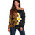 Hawaiian Tropical Plumeria Art Polynesian Tattoo Off Shoulder Sweater Black and Autumn Color Theme