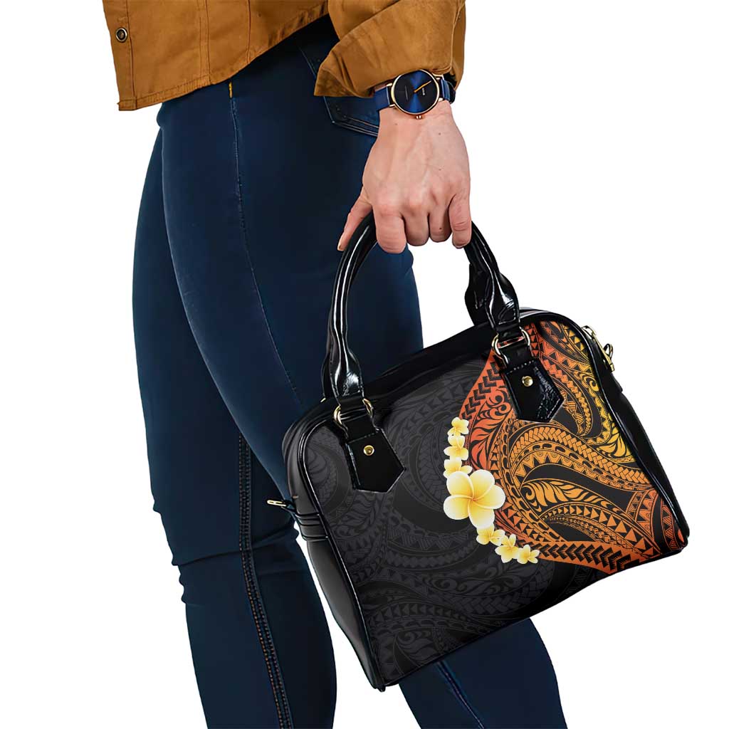 Hawaiian Tropical Plumeria Art Polynesian Tattoo Shoulder Handbag Black and Autumn Color Theme