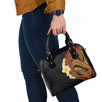 Hawaiian Tropical Plumeria Art Polynesian Tattoo Shoulder Handbag Black and Autumn Color Theme