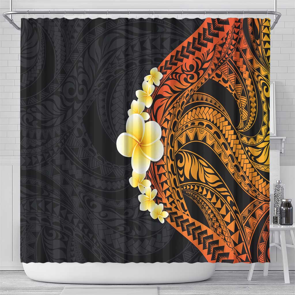 Hawaiian Tropical Plumeria Art Polynesian Tattoo Shower Curtain Black and Autumn Color Theme