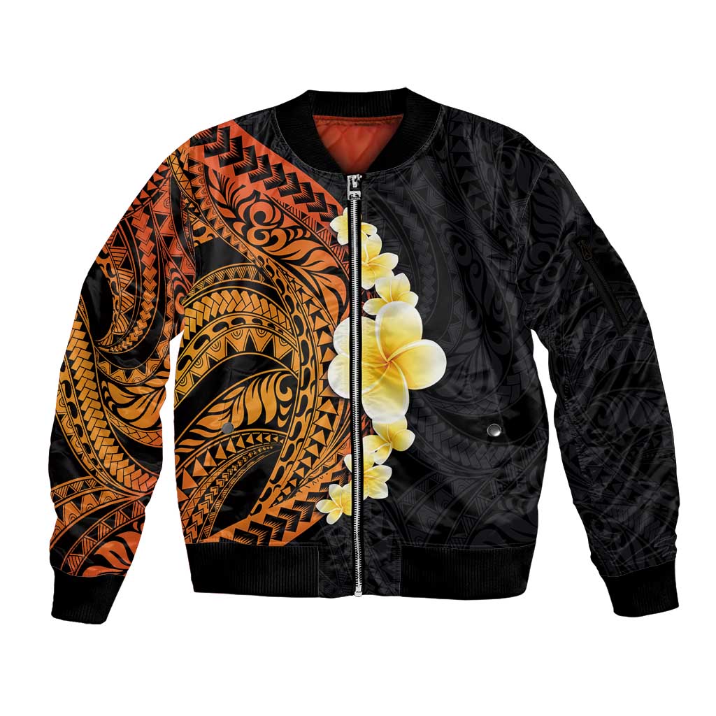 Hawaiian Tropical Plumeria Art Polynesian Tattoo Sleeve Zip Bomber Jacket Black and Autumn Color Theme LT03 Unisex Orange - Polynesian Pride