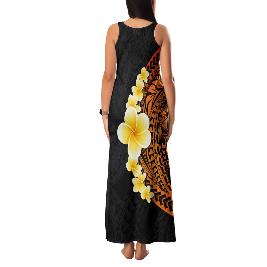 Hawaiian Tropical Plumeria Art Polynesian Tattoo Tank Maxi Dress Black and Autumn Color Theme