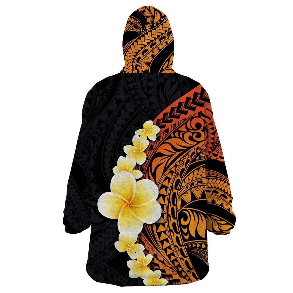 Hawaiian Tropical Plumeria Art Polynesian Tattoo Wearable Blanket Hoodie Black and Autumn Color Theme