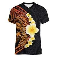 Hawaiian Tropical Plumeria Art Polynesian Tattoo Women V-Neck T-Shirt Black and Autumn Color Theme LT03 Female Orange - Polynesian Pride