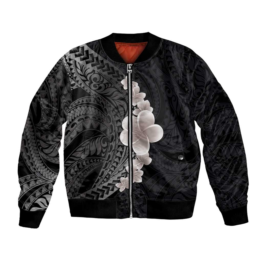 Hawaiian Tropical Plumeria Art Polynesian Tattoo Bomber Jacket Grayscale Color LT03 Unisex Black - Polynesian Pride