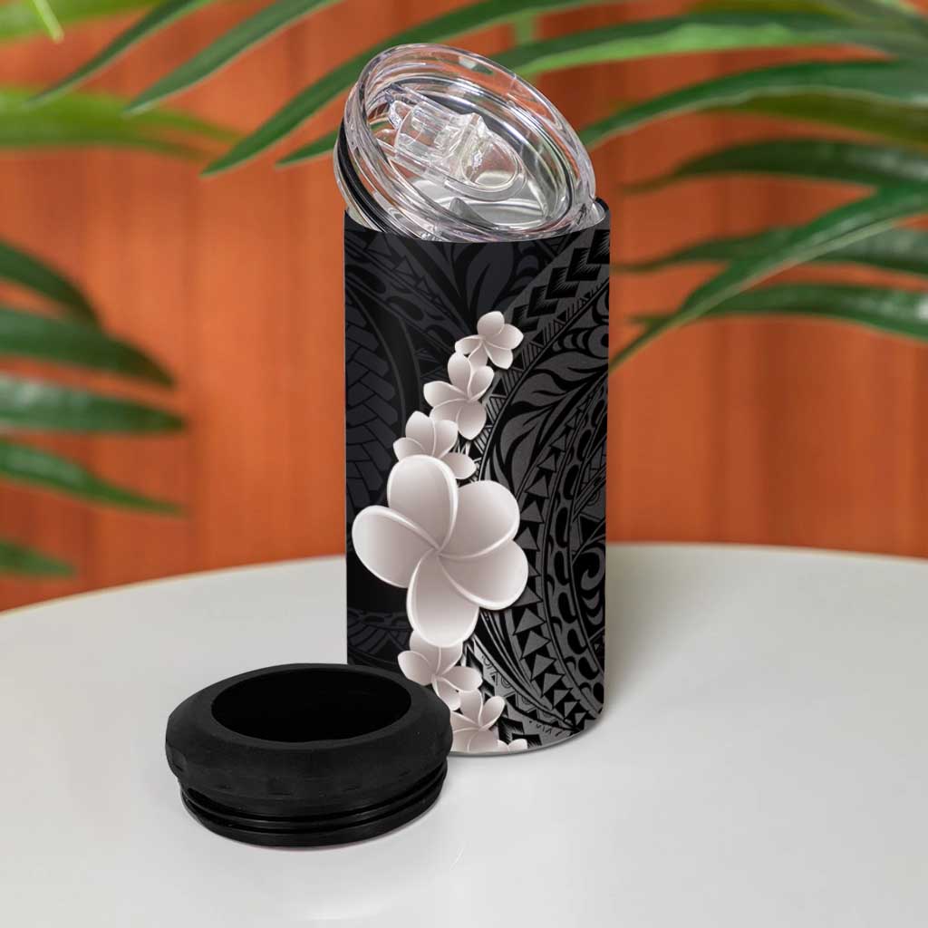 Hawaiian Tropical Plumeria Art Polynesian Tattoo 4 in 1 Can Cooler Tumbler Grayscale Color