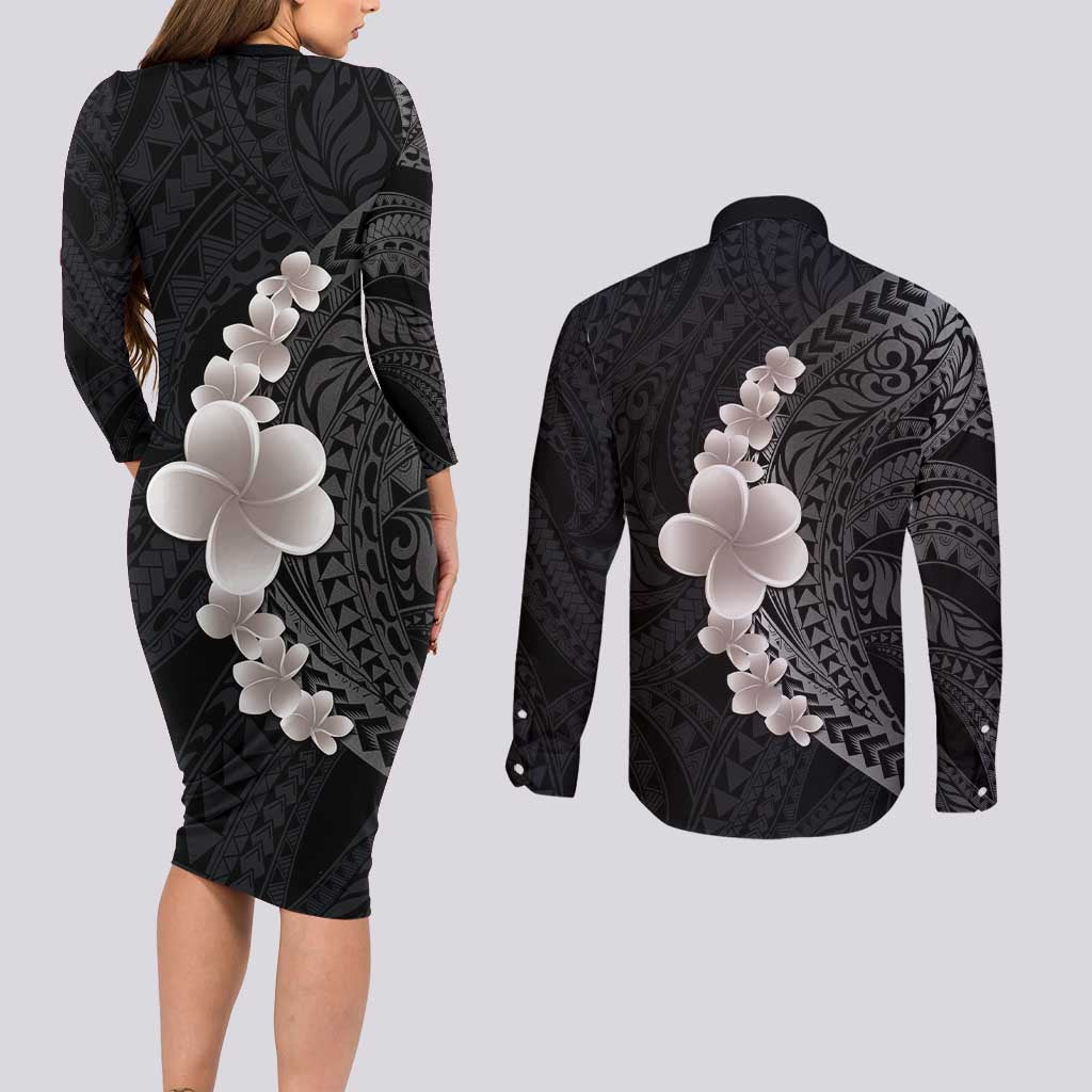 Hawaiian Tropical Plumeria Art Polynesian Tattoo Couples Matching Long Sleeve Bodycon Dress and Long Sleeve Button Shirt Grayscale Color