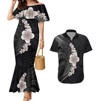 Hawaiian Tropical Plumeria Art Polynesian Tattoo Couples Matching Mermaid Dress and Hawaiian Shirt Grayscale Color LT03 Black - Polynesian Pride