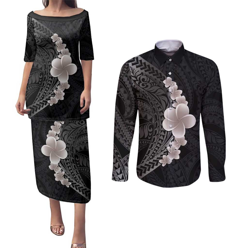 Hawaiian Tropical Plumeria Art Polynesian Tattoo Couples Matching Puletasi and Long Sleeve Button Shirt Grayscale Color LT03 Black - Polynesian Pride