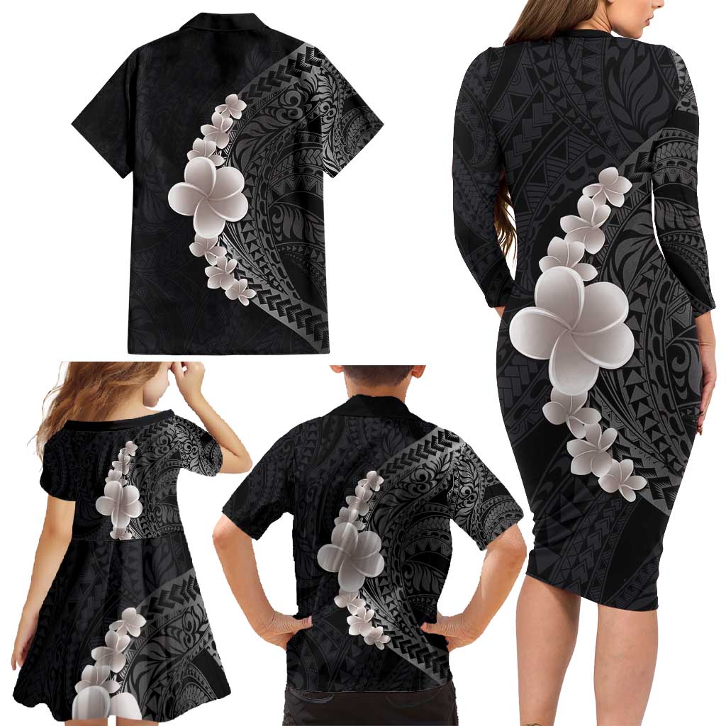 Hawaiian Tropical Plumeria Art Polynesian Tattoo Family Matching Long Sleeve Bodycon Dress and Hawaiian Shirt Grayscale Color LT03 - Polynesian Pride