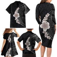 Hawaiian Tropical Plumeria Art Polynesian Tattoo Family Matching Long Sleeve Bodycon Dress and Hawaiian Shirt Grayscale Color LT03 - Polynesian Pride