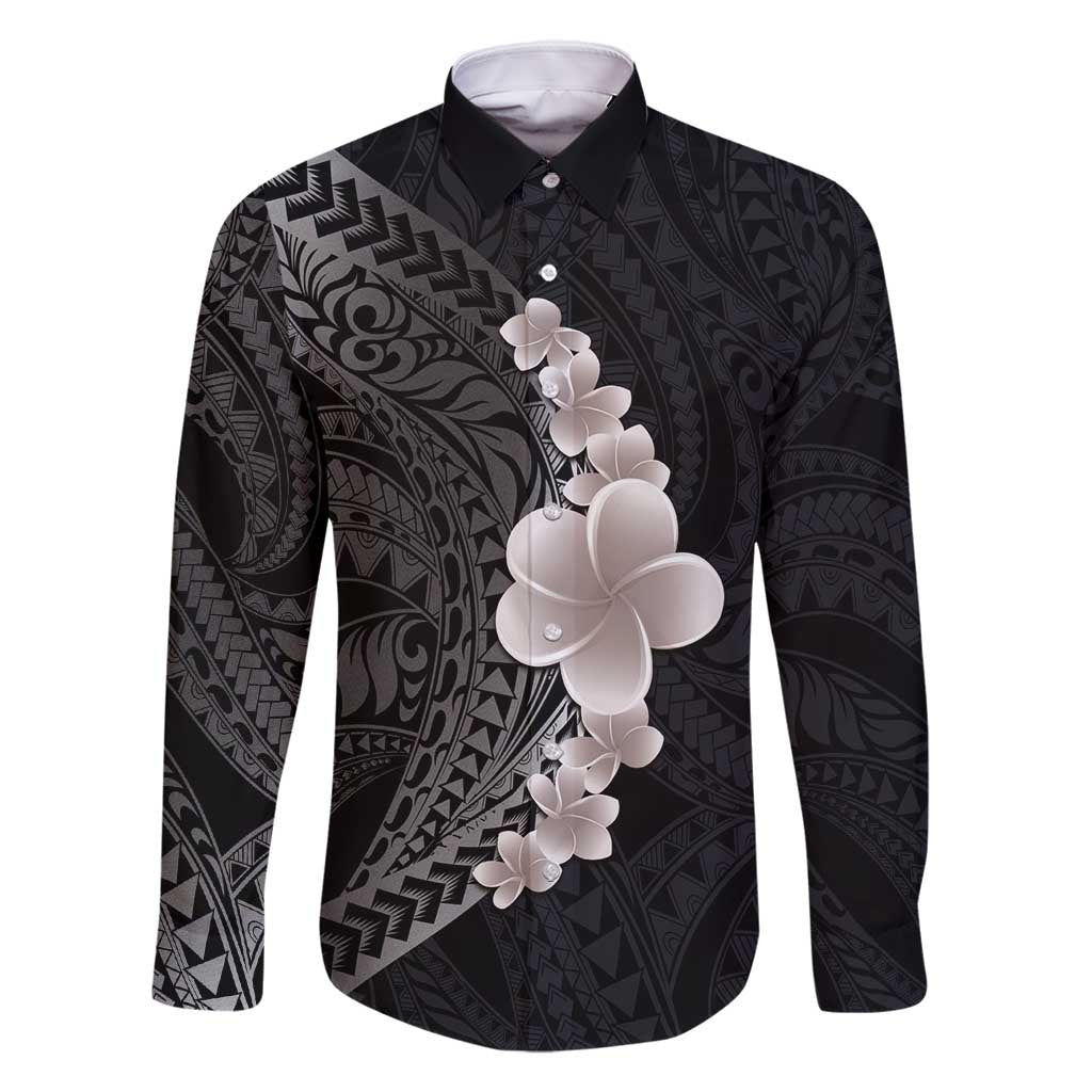 Hawaiian Tropical Plumeria Art Polynesian Tattoo Family Matching Long Sleeve Bodycon Dress and Hawaiian Shirt Grayscale Color LT03 Dad's Shirt - Long Sleeve Black - Polynesian Pride