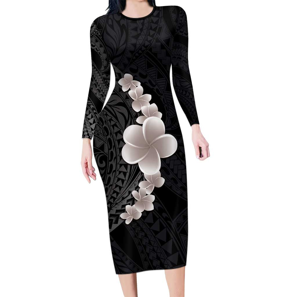 Hawaiian Tropical Plumeria Art Polynesian Tattoo Family Matching Long Sleeve Bodycon Dress and Hawaiian Shirt Grayscale Color LT03 Mom's Dress Black - Polynesian Pride