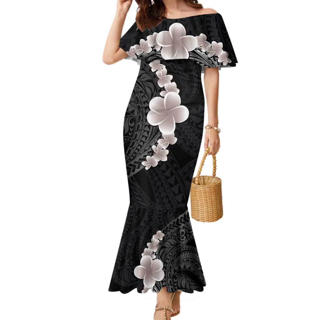 Hawaiian Tropical Plumeria Art Polynesian Tattoo Family Matching Mermaid Dress and Hawaiian Shirt Grayscale Color