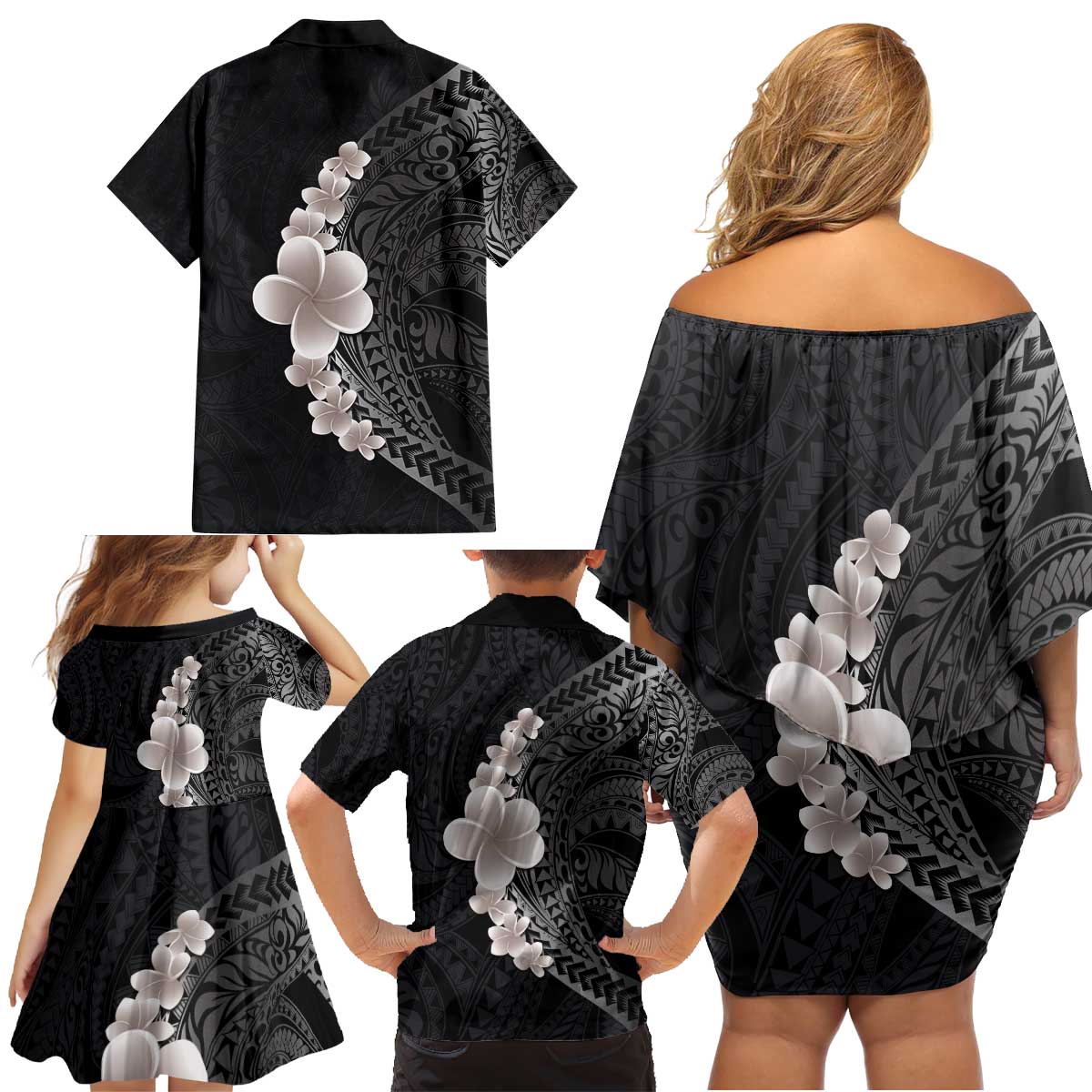 Hawaiian Tropical Plumeria Art Polynesian Tattoo Family Matching Off Shoulder Short Dress and Hawaiian Shirt Grayscale Color