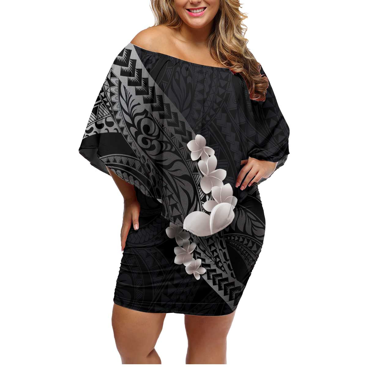Hawaiian Tropical Plumeria Art Polynesian Tattoo Family Matching Off Shoulder Short Dress and Hawaiian Shirt Grayscale Color