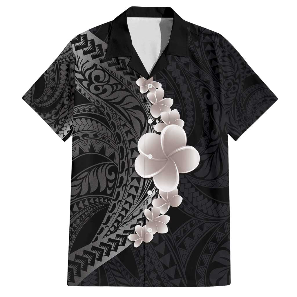 Hawaiian Tropical Plumeria Art Polynesian Tattoo Family Matching Puletasi and Hawaiian Shirt Grayscale Color LT03 Dad's Shirt - Short Sleeve Black - Polynesian Pride