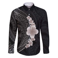 Hawaiian Tropical Plumeria Art Polynesian Tattoo Family Matching Puletasi and Hawaiian Shirt Grayscale Color LT03 Dad's Shirt - Long Sleeve Black - Polynesian Pride