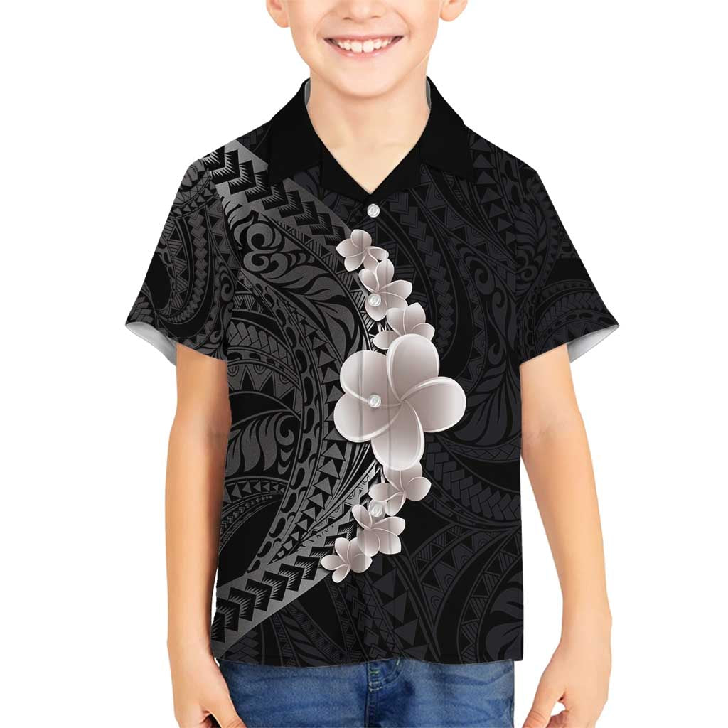 Hawaiian Tropical Plumeria Art Polynesian Tattoo Family Matching Puletasi and Hawaiian Shirt Grayscale Color LT03 Son's Shirt Black - Polynesian Pride