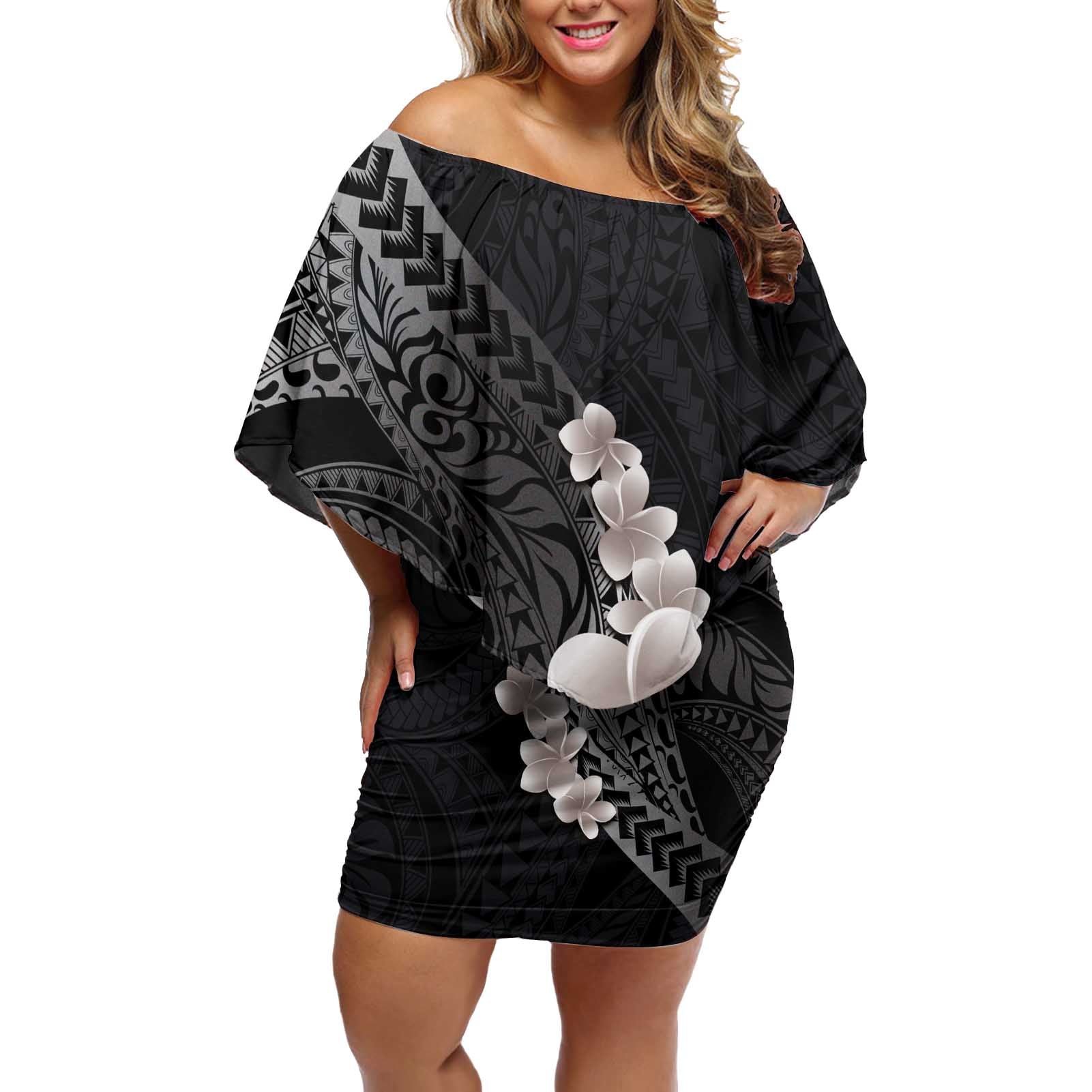 Hawaiian Tropical Plumeria Art Polynesian Tattoo Off Shoulder Short Dress Grayscale Color