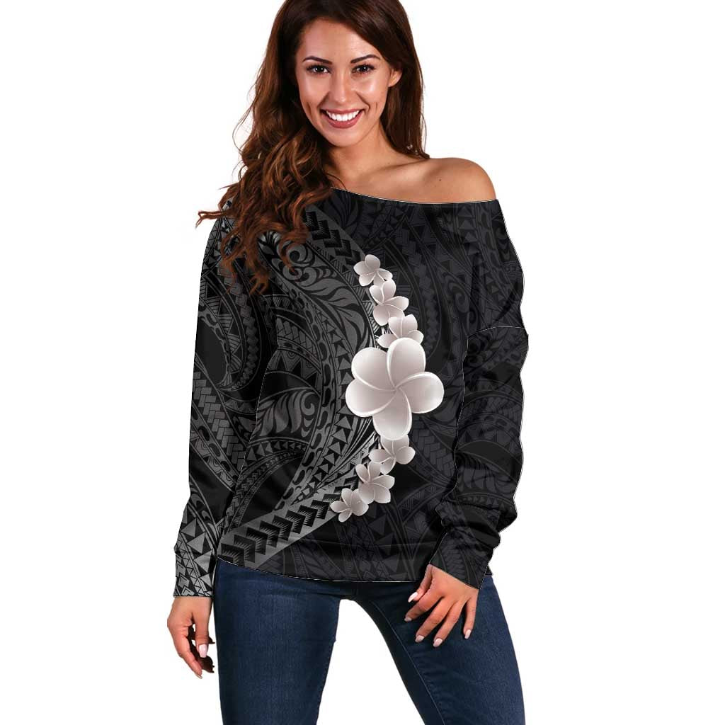 Hawaiian Tropical Plumeria Art Polynesian Tattoo Off Shoulder Sweater Grayscale Color