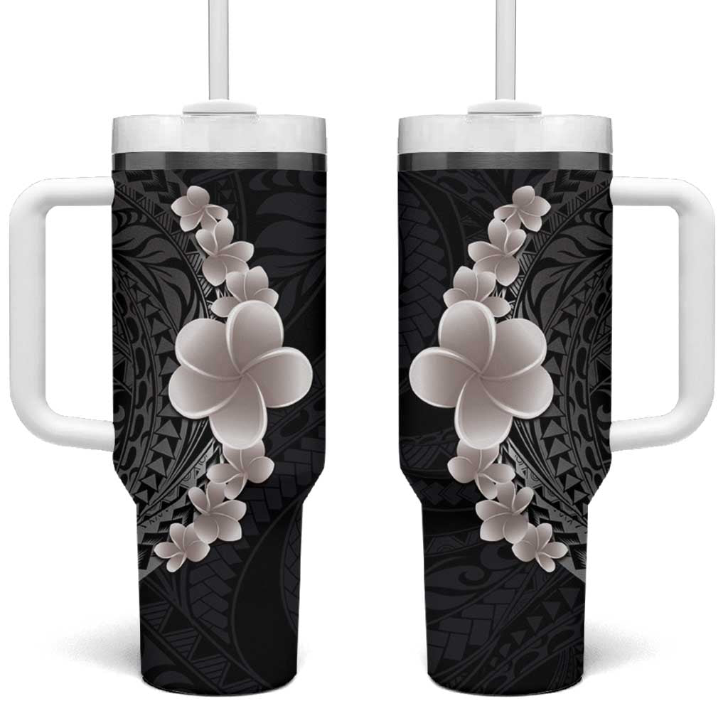 Hawaiian Tropical Plumeria Art Polynesian Tattoo Tumbler With Handle Grayscale Color