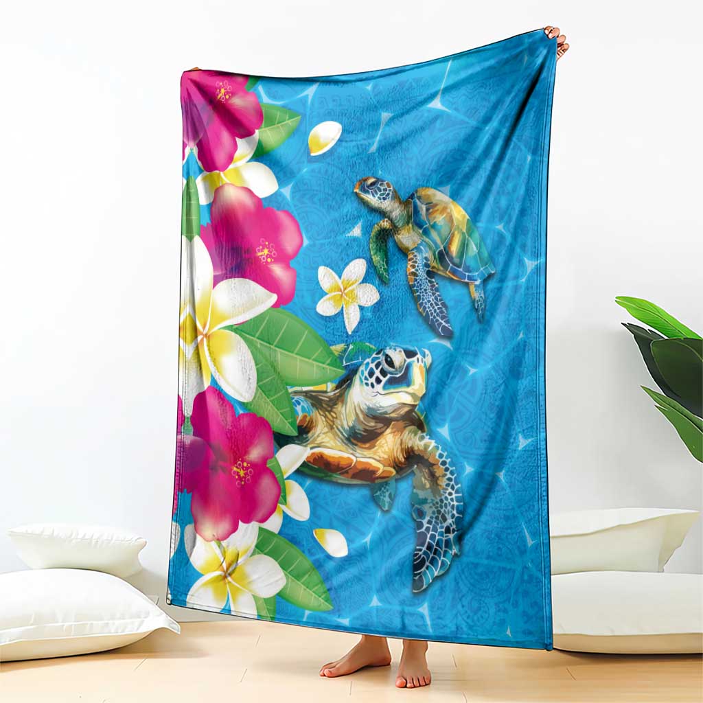 Hawaiian Tropical Flower and Honu Under Blue Water Blanket