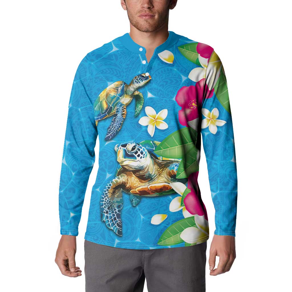 Hawaiian Tropical Flower and Honu Under Blue Water Button Sweatshirt