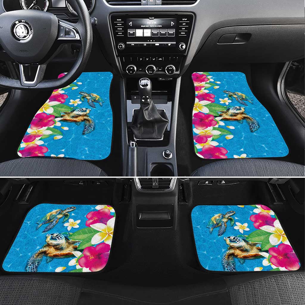 Hawaiian Tropical Flower and Honu Under Blue Water Car Mats