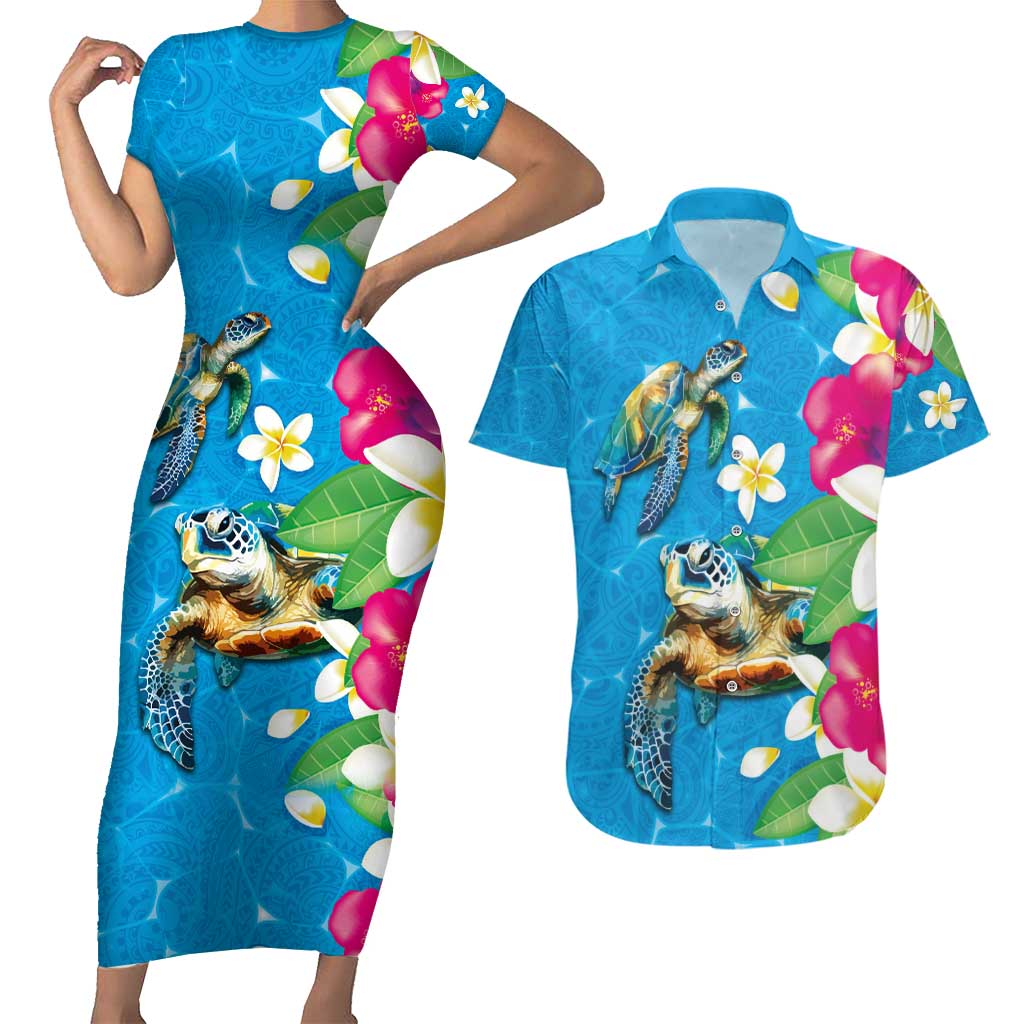 Hawaiian Tropical Flower and Honu Under Blue Water Couples Matching Short Sleeve Bodycon Dress and Hawaiian Shirt