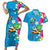 Hawaiian Tropical Flower and Honu Under Blue Water Couples Matching Short Sleeve Bodycon Dress and Hawaiian Shirt