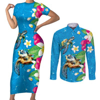 Hawaiian Tropical Flower and Honu Under Blue Water Couples Matching Short Sleeve Bodycon Dress and Long Sleeve Button Shirt