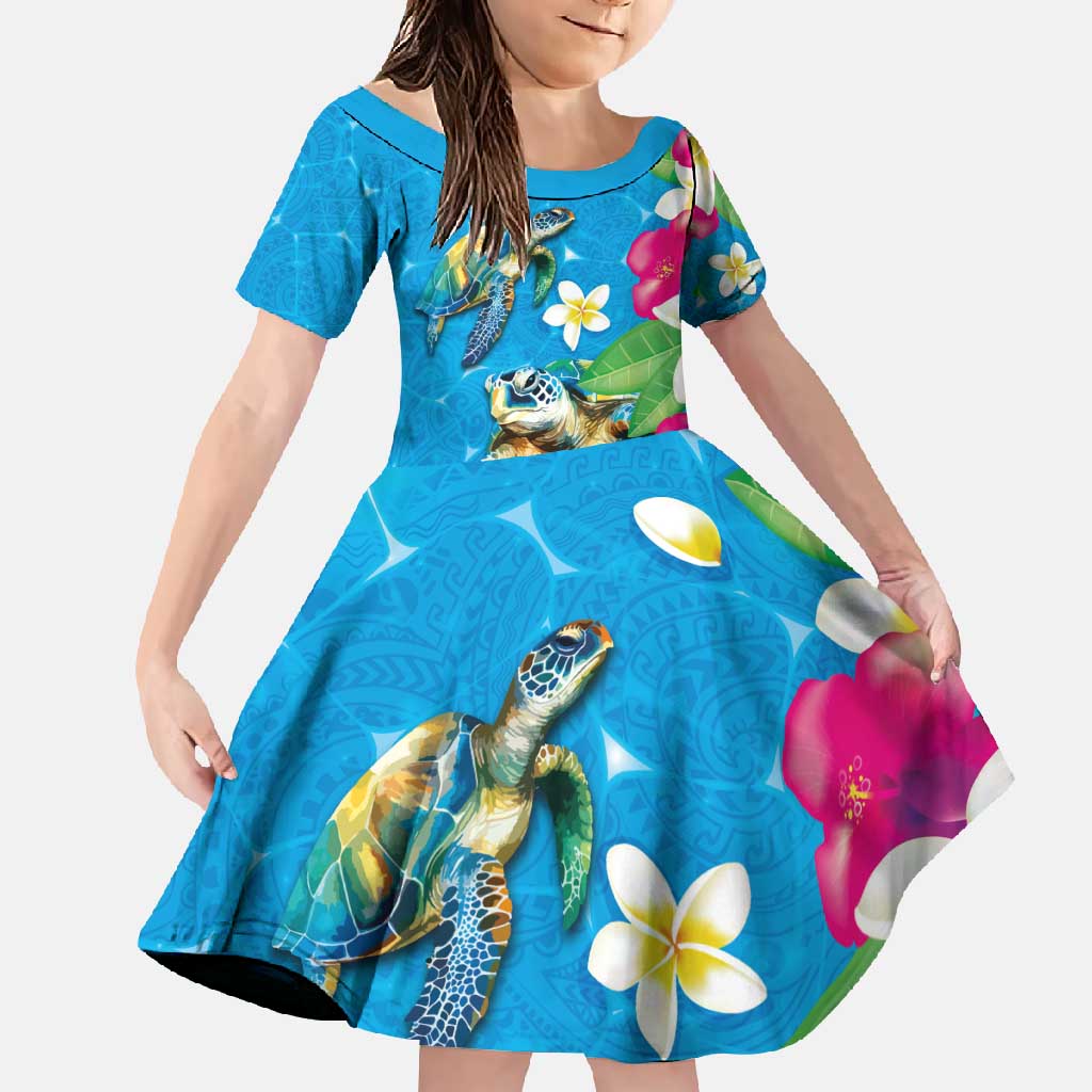 Hawaiian Tropical Flower and Honu Under Blue Water Family Matching Long Sleeve Bodycon Dress and Hawaiian Shirt LT03 Daughter's Dress Blue - Polynesian Pride