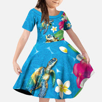 Hawaiian Tropical Flower and Honu Under Blue Water Family Matching Long Sleeve Bodycon Dress and Hawaiian Shirt LT03 Daughter's Dress Blue - Polynesian Pride