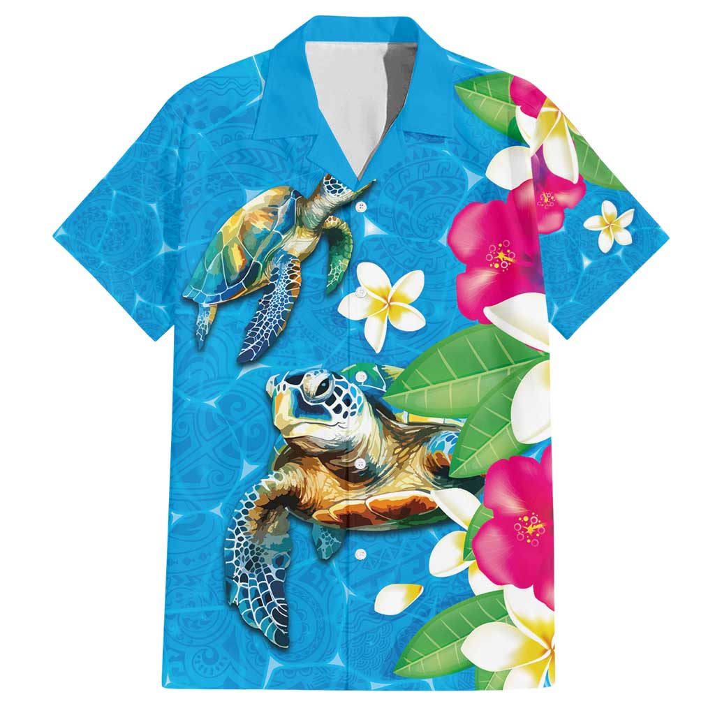 Hawaiian Tropical Flower and Honu Under Blue Water Family Matching Long Sleeve Bodycon Dress and Hawaiian Shirt LT03 Dad's Shirt - Short Sleeve Blue - Polynesian Pride